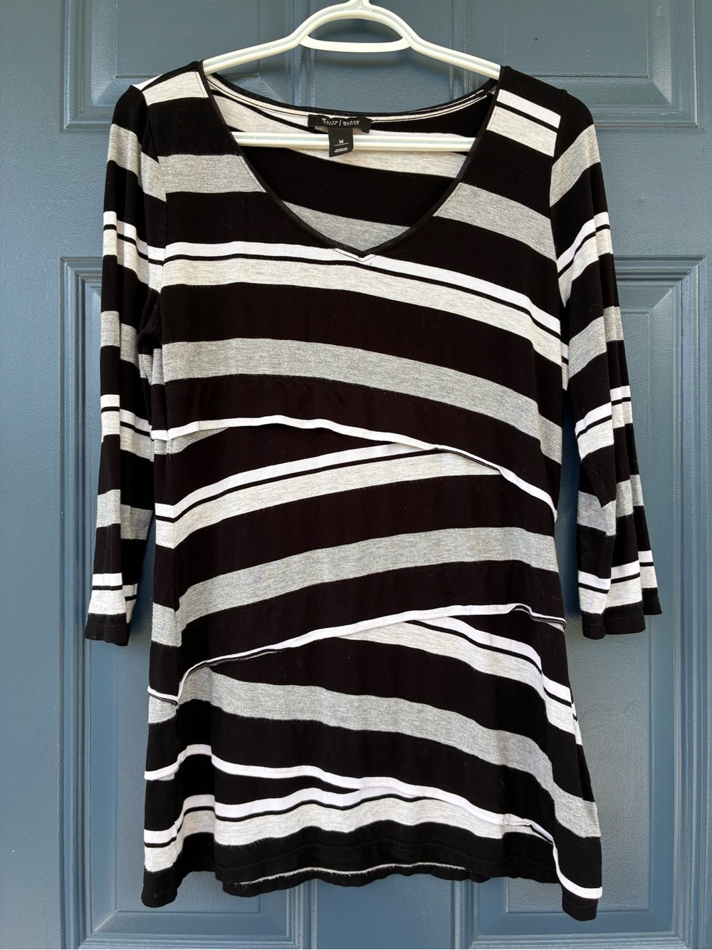 White House Black Market Black, Gray & White Striped Bandage style V-Neck Tunic